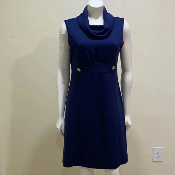 Lilly Pulitzer Finn Shift Ponte Dress Women's Navy Stretch Cowl Neck Logo XS - Picture 2 of 5